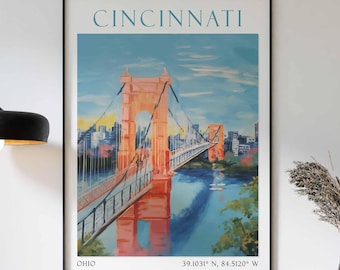 Impressão de Cincinnati, arte de parede de Ohio, arte vintage, paisagem urbana de Cincinnati, impressão de Ohio, decoração de parede dos EUA, arte para impressão