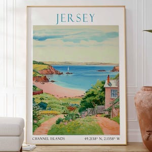 May include: A framed print of Jersey, Channel Islands, depicting a coastal scene with a beach, sea, and a sailboat. The artwork has a vintage style with a light blue sky and a pinkish-beige beach. The print is in a gold frame.