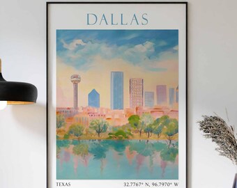 Arte murale di Dallas TX, stampa dello skyline del Texas, stampa di Dallas Texas, arte del centro di Dallas, poster di viaggio, stampa della città del Texas