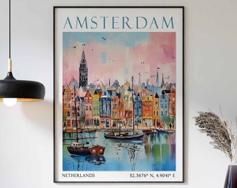 Affiche d'Amsterdam, art mural Pays-Bas, décoration de voyage Amsterdam vintage, affiche de voyage en Europe
