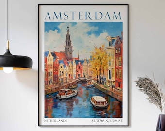 Affiche d'Amsterdam, art mural Pays-Bas, décoration de voyage Amsterdam vintage, affiche de voyage en Europe