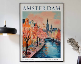 Poster di Amsterdam, arte murale dei Paesi Bassi, decorazione da viaggio vintage di Amsterdam, poster di viaggio in Europa