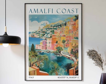 Amalfi Coast Travel Poster, Amalfi Coast Print, Positano Poster, Italy Print, Italian Coastal Decor, Mediterranean Print