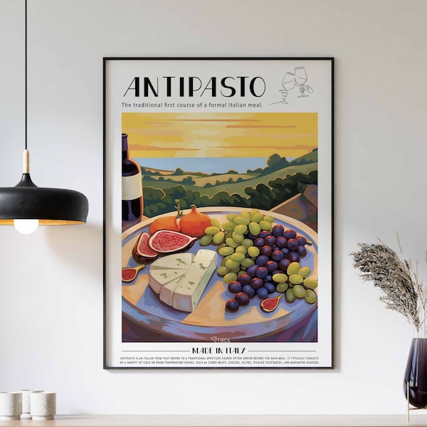 Cartel de comida italiana, impresión de comida antipasto, cartel de comida de Italia, impresión de cocina, decoración de cocina, arte de comida, decoración de pared de cocina