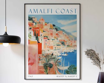 Amalfi Coast Travel Poster, Amalfi Coast Print, Positano Poster, Italy Print, Italian Coastal Decor, Mediterranean Print