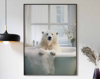 May include: A white polar bear sits in a bathtub filled with bubbles. The bear is looking directly at the camera. The bathtub is in a bathroom with a window behind the bear. The image is printed on a canvas and framed in a black frame.
