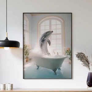 Dolphin In Tub Wall Art, Dolphin Art, Bathroom Art Print, Funny Bathroom Wall Art, Dolphin Bathing, Animal In Bathtub