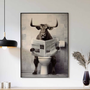 Cow On Toilet Reading Newspaper, Funny Bathroom Poster, Funny Bathroom Print, Animal On Toilet, Bathroom Decor