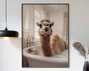 Camel In Tub Wall Art, Camel Art, Bathroom Art Print, Funny Bathroom Wall Art, Camel Bathing, Animal In Bathtub