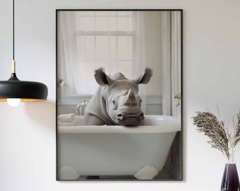 Rhino In Tub Wall Art, Rhino Art, Bathroom Art Print, Funny Bathroom Wall Art, Rhino Bathing, Animal In Bathtub