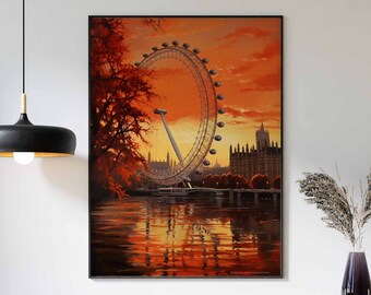 Póster de viaje de Londres, arte mural vintage, impresión del London Eye, póster del atardecer en Londres, póster de Londres, impresión vintage de Londres, arte de Inglaterra