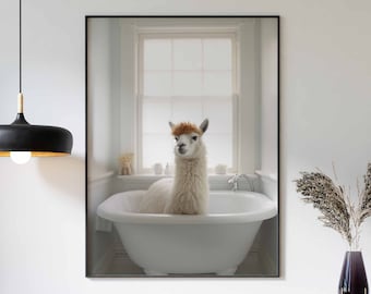 Lama in bad kunst aan de muur, lama kunst, badkamer Art Print, grappige kunst aan de muur badkamer, lama baden, dier in bad