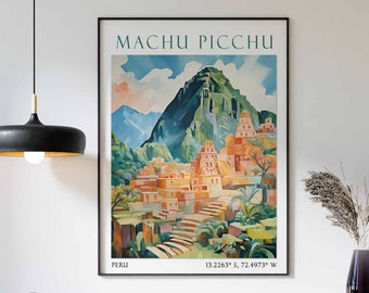 May include: A vintage travel poster featuring a colorful illustration of Machu Picchu, an ancient Incan citadel located in the Cusco Region of Peru. The poster includes the text "Machu Picchu", "Peru", and the coordinates "13.2263° S, 72.4973° W".