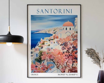 Impresión de viaje a Santorini, póster de viaje a Santorini, impresión de paisaje de Santorini, arte mural de Grecia, decoración de viaje a Grecia, regalo de viaje a Santorini