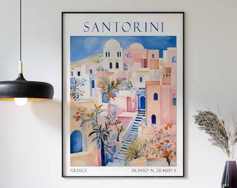 Impresión de viaje a Santorini, póster de viaje a Santorini, impresión de paisaje de Santorini, arte mural de Grecia, decoración de viaje a Grecia, regalo de viaje a Santorini