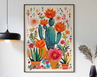 Mexican Art, Colourful Floral Wall Art, Mexican Print, Mexican Poster, Mexican Floral Art Print, Cactus Print, Vintage Poster, Retro Poster