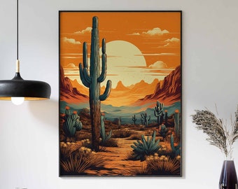 Mexican art, Desert Landscape Art Print, Mexican Print, Mexican Poster, Mexican Décor, Sunset Scenery Wall Art, Cactus Print, Vintage Poster