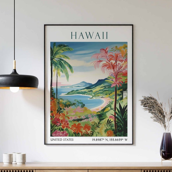 Hawaii Travel Print, Hawaii Travel Poster, Hawaii Landscape Print, Tropical Paradise View Art, Hawaii Travel Gift, Vintage Hawaii Poster