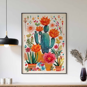 Mexican Art, Colourful Floral Wall Art, Mexican Print, Mexican Poster, Mexican Floral Art Print, Cactus Print, Vintage Poster, Retro Poster
