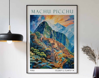 May include: A colorful poster with a geometric illustration of Machu Picchu, a UNESCO World Heritage Site in Peru. The poster features the text "Machu Picchu" and the coordinates "13.2263° S, 72.4973° W".
