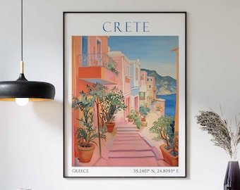 Crete Travel Print, Crete Travel Poster, Greece Wall Art, Greek Island Travel Decor, Vintage Decor, Travel Gift, Landscape Wall Art