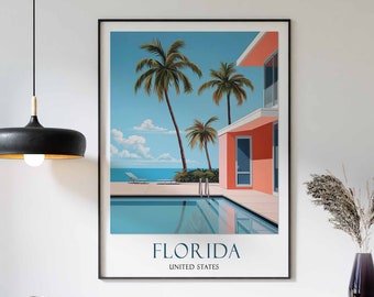Florida Travel Print, Florida Travel Poster, Miami Art, United States Travel Decor, Florida Travel Gift, Vintage Wall Art, Florida Wall Art