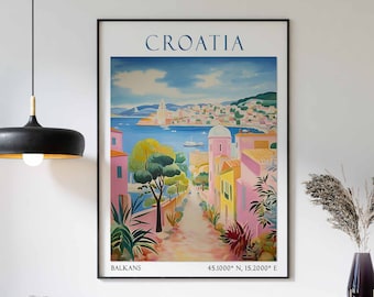 May include: A vintage travel poster for Croatia featuring a colorful illustration of a coastal town with pink and yellow buildings, a blue sea, and green trees. The poster includes the text "CROATIA", "BALKANS", and "45.0000° N, 15.2000° E".