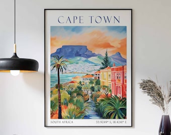 Cape Town Travel Print, Cape Town Travel Poster, South Africa Wall Art, Table Mountain Art, Vintage Cape Town Poster, Vintage Travel Decor