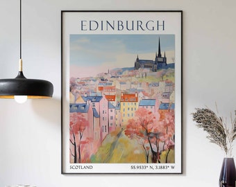May include: A vintage travel poster featuring a colorful illustration of Edinburgh, Scotland. The poster includes the city name, "EDINBURGH", and the coordinates "55.9533° N, 3.1883° W".