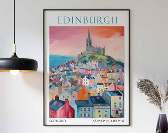 May include: A colorful painting of Edinburgh, Scotland, with the text "EDINBURGH" at the top and "SCOTLAND" and the coordinates "55.9533° N, 3.1883° W" at the bottom.