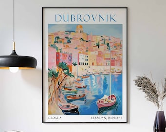 May include: A vintage travel poster featuring a colorful illustration of the city of Dubrovnik, Croatia. The poster includes the text "Dubrovnik" and the coordinates "42.6507° N, 18.0944° E".