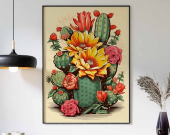 Mexican Art, Colourful Floral Wall Art, Mexican Print, Mexican Poster, Desert Plant Art Print, Cactus Print, Vintage Poster, Retro Poster