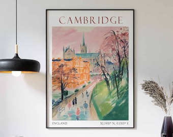 Impresión de viaje de Cambridge, póster de viaje de Cambridge, arte mural del Reino Unido, póster vintage de Cambridge, arte de la Universidad de Cambridge, regalo de viaje