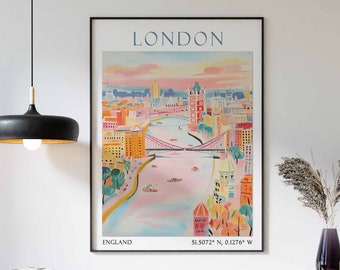 May include: A vintage-style poster with a watercolor illustration of the London skyline, featuring the River Thames, Tower Bridge, and other iconic landmarks. The poster is titled "LONDON" and includes the coordinates "51.5072° N, 0.1278° W" and the text "ENGLAND".