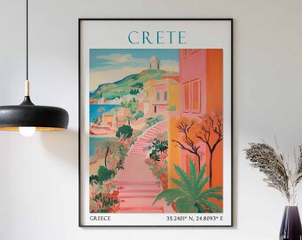 Crete Travel Print, Crete Travel Poster, Greece Wall Art, Greek Island Travel Decor, Vintage Decor, Travel Gift, Landscape Wall Art