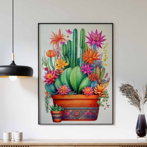 Kaktus Druck, Kaktus Poster, Rustikales Kaktus Dekor, Wüstenpflanze Druck, Kaktus Wandkunst, Vintage Dekor, Bunter Blumendruck, Büro Dekor