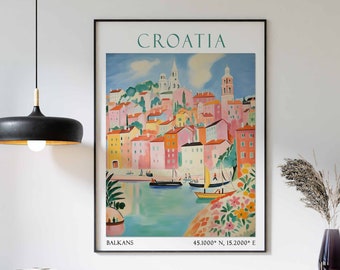 May include: A vintage travel poster featuring a colorful illustration of a Croatian town with buildings along a waterfront. The poster is titled "CROATIA" and includes the text "BALKANS 45.0000° N, 15.2000° E".
