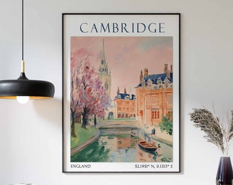 Impresión de viaje de Cambridge, póster de viaje de Cambridge, arte mural del Reino Unido, póster vintage de Cambridge, arte de la Universidad de Cambridge, regalo de viaje