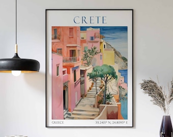 Crete Travel Print, Crete Travel Poster, Greece Wall Art, Greek Island Travel Decor, Vintage Decor, Travel Gift, Landscape Wall Art
