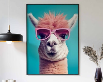May include: A white llama wearing pink sunglasses against a turquoise background. The llama is looking directly at the camera.