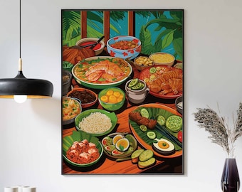 May include: A framed art print depicts a colorful illustration of a table laden with various dishes. The artwork showcases a variety of foods, including rice, shrimp, and vegetables, arranged on plates and bowls. The scene is set against a backdrop of lush greenery.