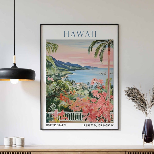 Hawaii Travel Print, Hawaii Travel Poster, Hawaii Landscape Print, Tropical Paradise View Art, Hawaii Travel Gift, Vintage Hawaii Poster