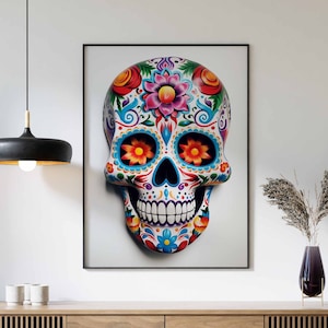 Mexican Art, 3D Skull Wall Art, Mexican Print, Mexican Poster, Colourful Floral Skull Decor, Vintage Poster, 3D Skull Decor, Skull Poster