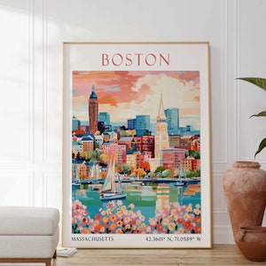 Boston Travel Print, Boston City Travel Poster, Boston Travel Wall Art, City Skyline Artwork, Boston Massachusetts