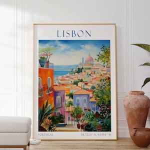 May include: A colorful painting of Lisbon, Portugal, with a view of the city and the Tagus River. The painting features a bright blue sky, white clouds, and a variety of colorful buildings. The text "LISBON" is at the top of the painting, and the coordinates "38.7223&deg; N, 9.1393&deg; W" are at the bottom.