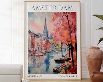 Affiche d'Amsterdam, art mural Pays-Bas, décoration de voyage Amsterdam vintage, affiche de voyage en Europe