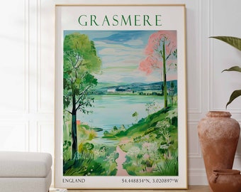 May include: A vintage travel poster with a green, blue, and pink landscape illustration. The poster features a lake, trees, and a path leading to the water. The text "Grasmere" is at the top of the poster, and "England" and the coordinates "54.448834°N, 3.020897°W" are at the bottom.