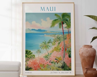 May include: A vintage travel poster for Maui, Hawaii. The poster features a colorful illustration of a tropical beach scene with palm trees, lush foliage, and a blue ocean. The text "MAUI" is printed in blue at the top of the poster, and the coordinates "20.7984° N, 156.3319° W" are printed at the bottom.