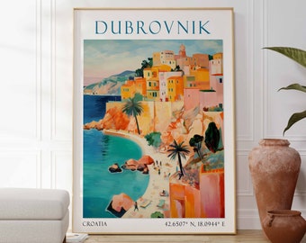 May include: A vintage travel poster featuring a colorful illustration of the city of Dubrovnik, Croatia. The poster features a view of the city's historic walls and buildings, with the Adriatic Sea in the background. The text "DUBROVNIK" is printed in large, bold letters at the top of the poster. The poster also includes the coordinates "42.6507° N, 18.0944° E" and the word "CROATIA" at the bottom.