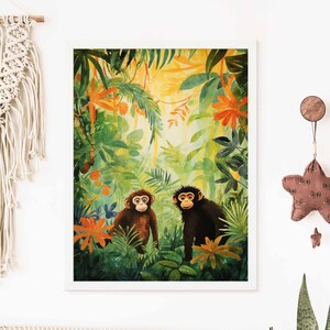 Monkey Print, Jungle Animals Nursery Print, Safari Animal Print, Scandi Nursery Decor, Playroom Prints, Scandi Kids Art